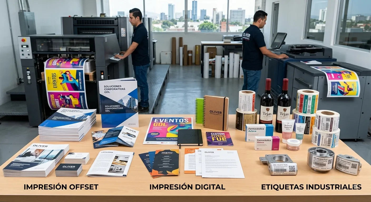 Mesa con muestras de impresiones corporativas, etiquetas industriales y diversos productos para sublimar junto a equipos de impresión en taller